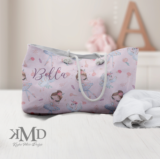 Personalized White Swan Ballerina Tote Bag - Rope Tote, Weekender Bag - Pink Ballet Design with