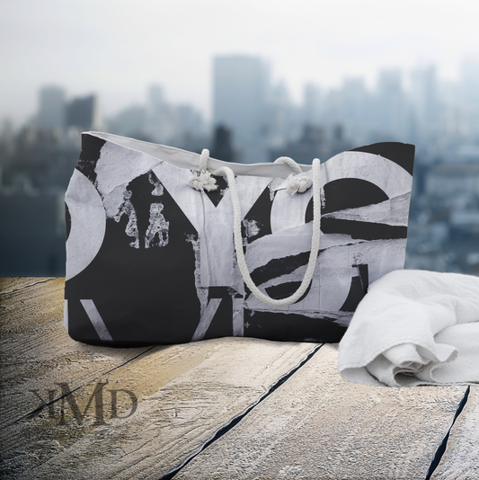 Urban Street Art Bag, Weekender Bag, Rope Tote - Torn Poster Street Art Tote - Black and White YO Bag 15