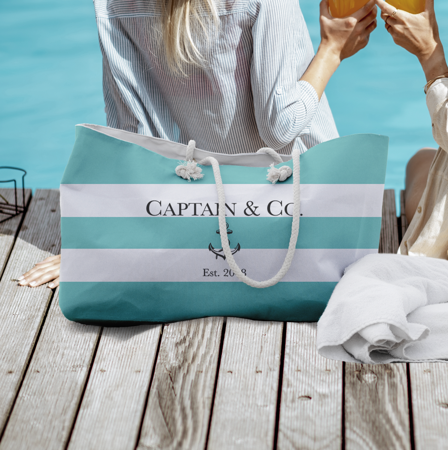 Personalized Robin Egg Blue Stripe Weekend Bag - Sailing Weekender Bag - Your Name & Co. Beach and Town Tote