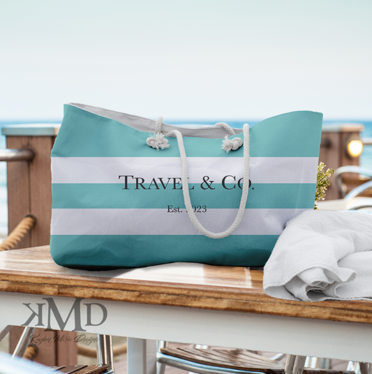 Personalized Robin Egg Blue Stripe Weekend Bag - Sailing Weekender Bag - Your Name & Co. Beach and Town Tote