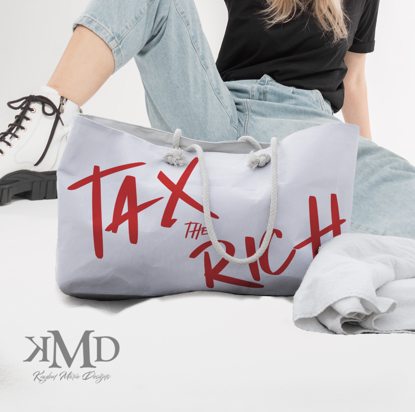 Tax the Rich Red Graffiti Weekender Bag - Rope Handle Tote - City Bag - Weekend Travel Tote - AOC Met Gala Dress Inspired