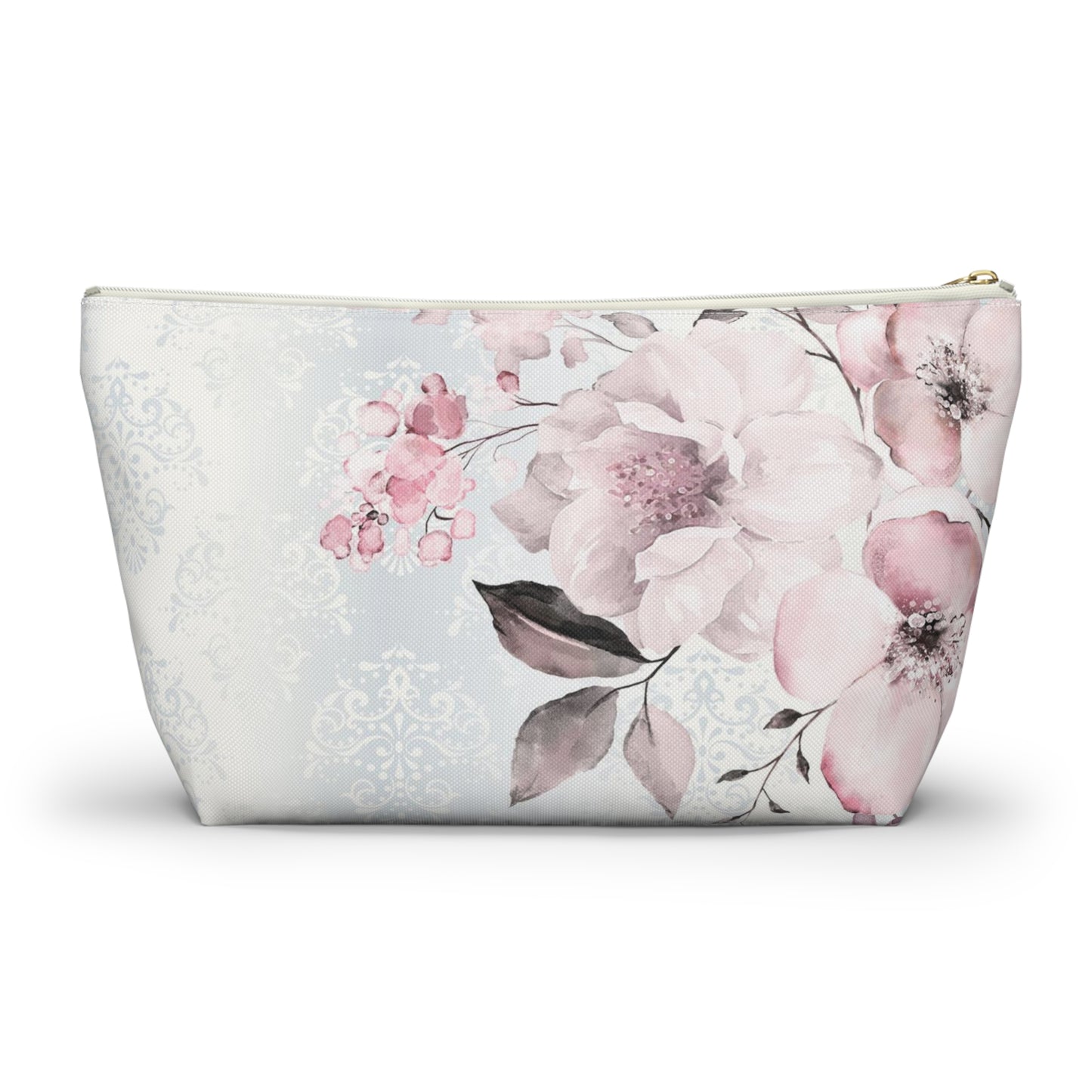 Personalized Pink Flower Damask - Cosmetic Pouch w T-bottom, Accessory Pouch