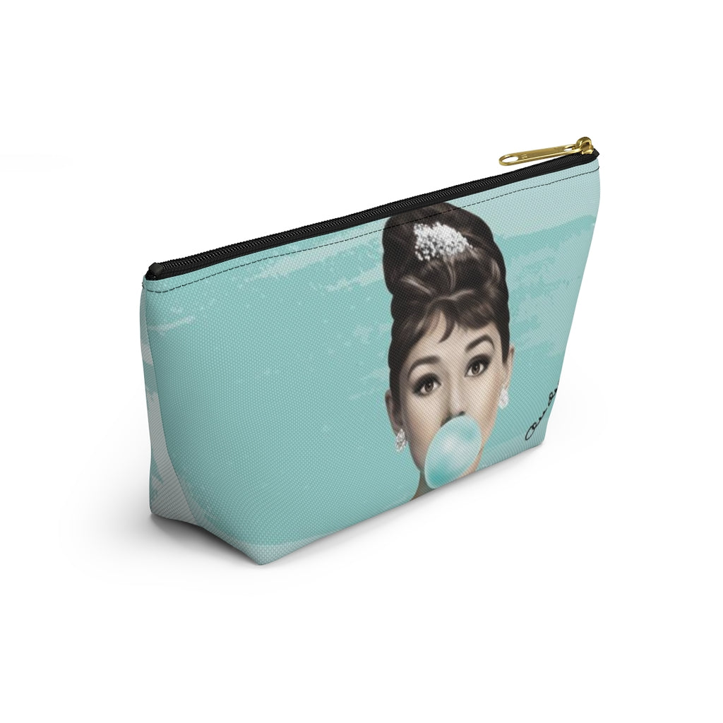 Audrey Hepburn Cosmetic Pouch w T-bottom, Accessory Pouch, Blue Green Signature