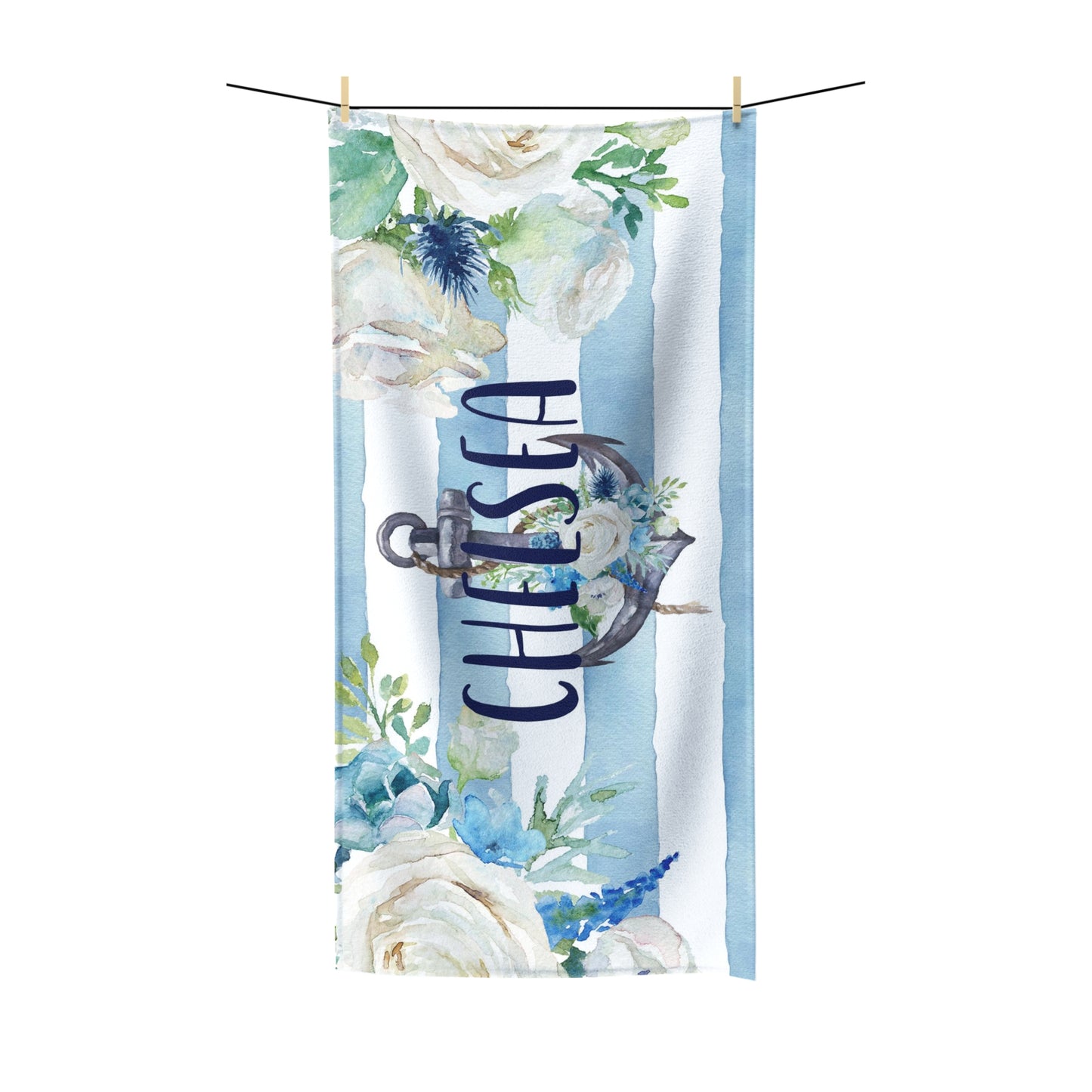 Personalized Anchor Beach Towel - Blue Floral Anchor Stripe Towel