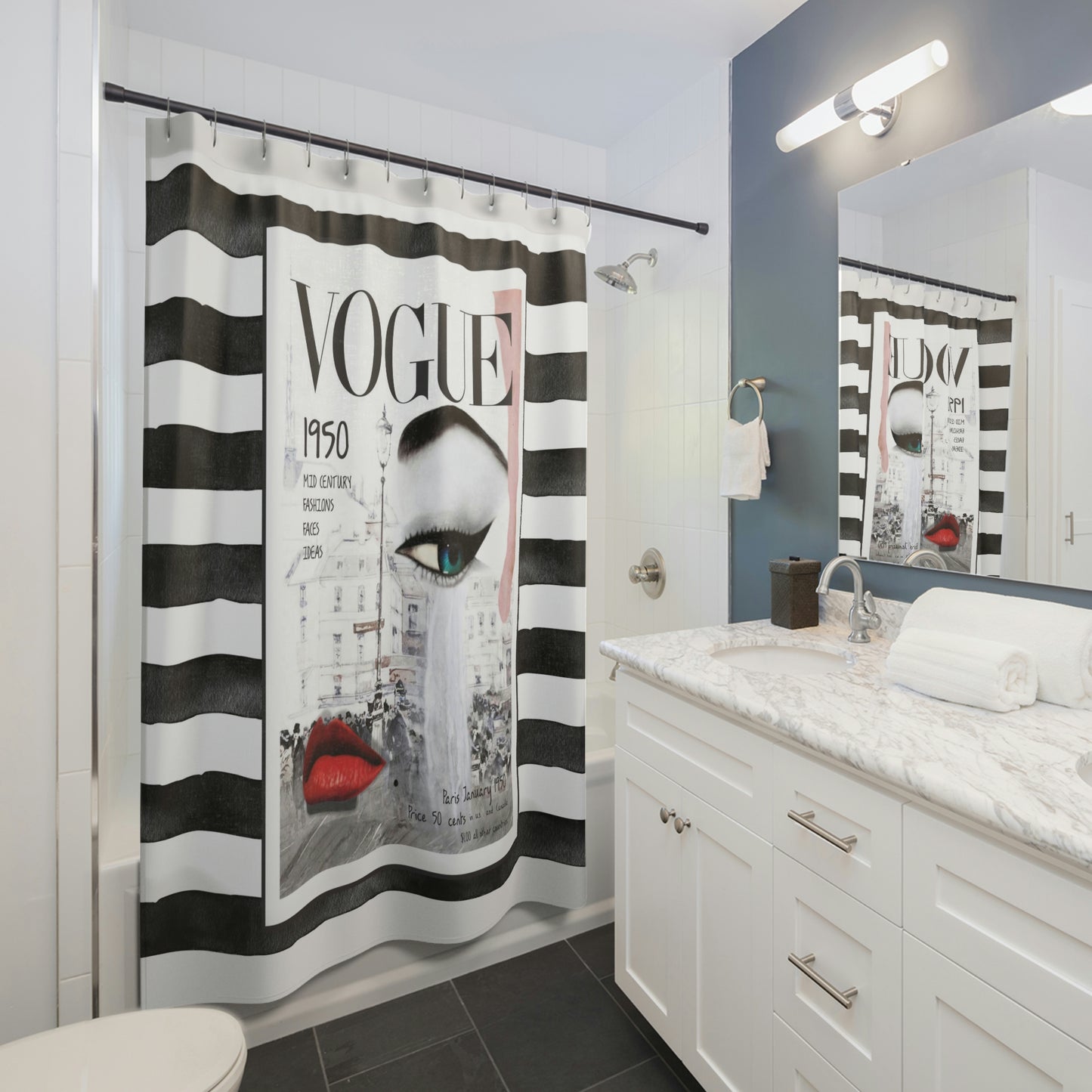 1950 Paris VOGUE Shower Curtain - Fashion Magazine Shower Curtain - Black & White Stripe Bathroom Curtain