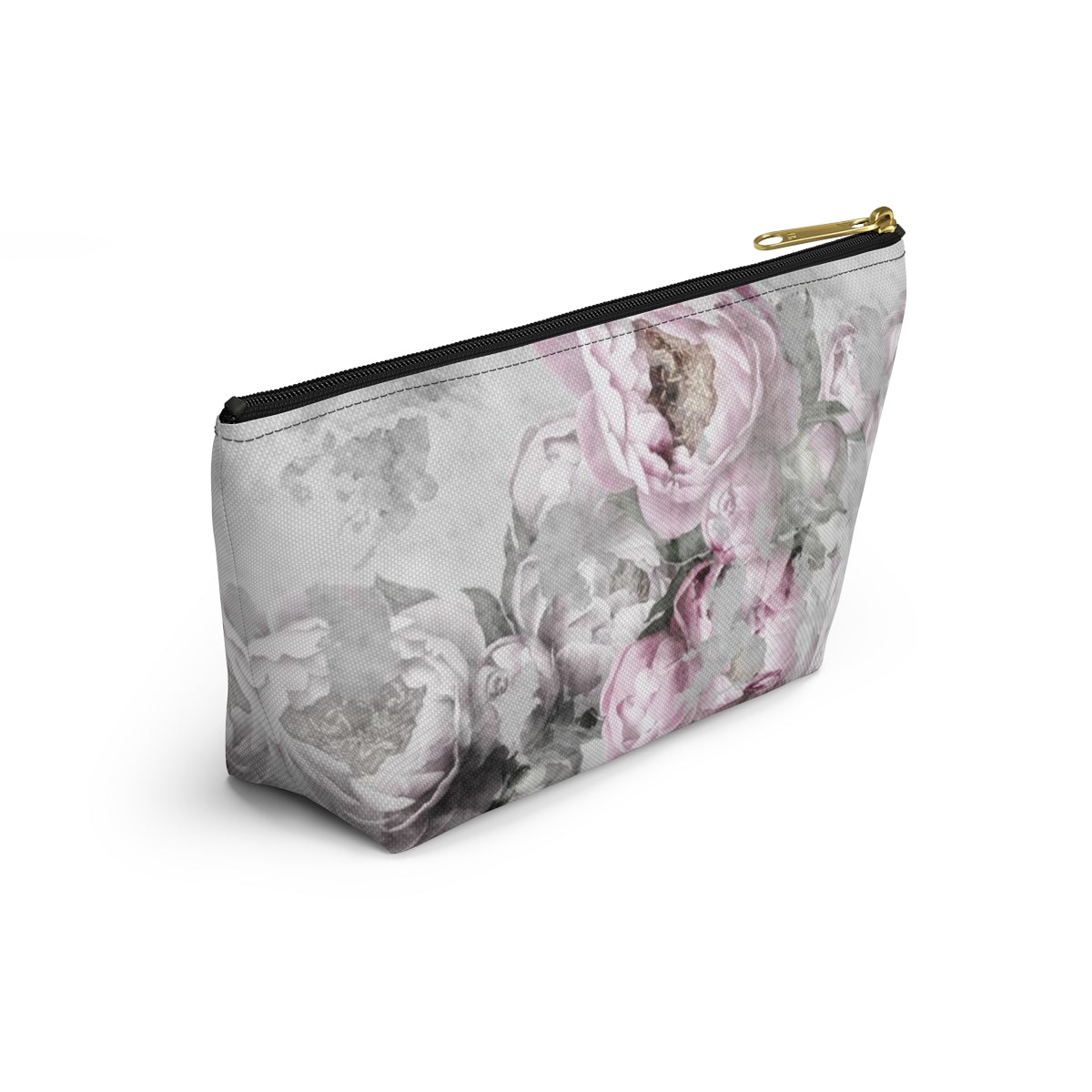 Peony Cosmetic Pouch w T-bottom, Accessory Pouch, Antiqued Pink and Grey