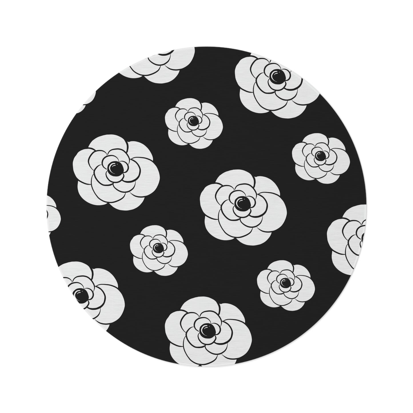 Black and White Camellia Flower Round Chenille Floor Mat - 60 Inch Custom Logo Round Rug - Custom and Personalized Black Noir Designer Rug