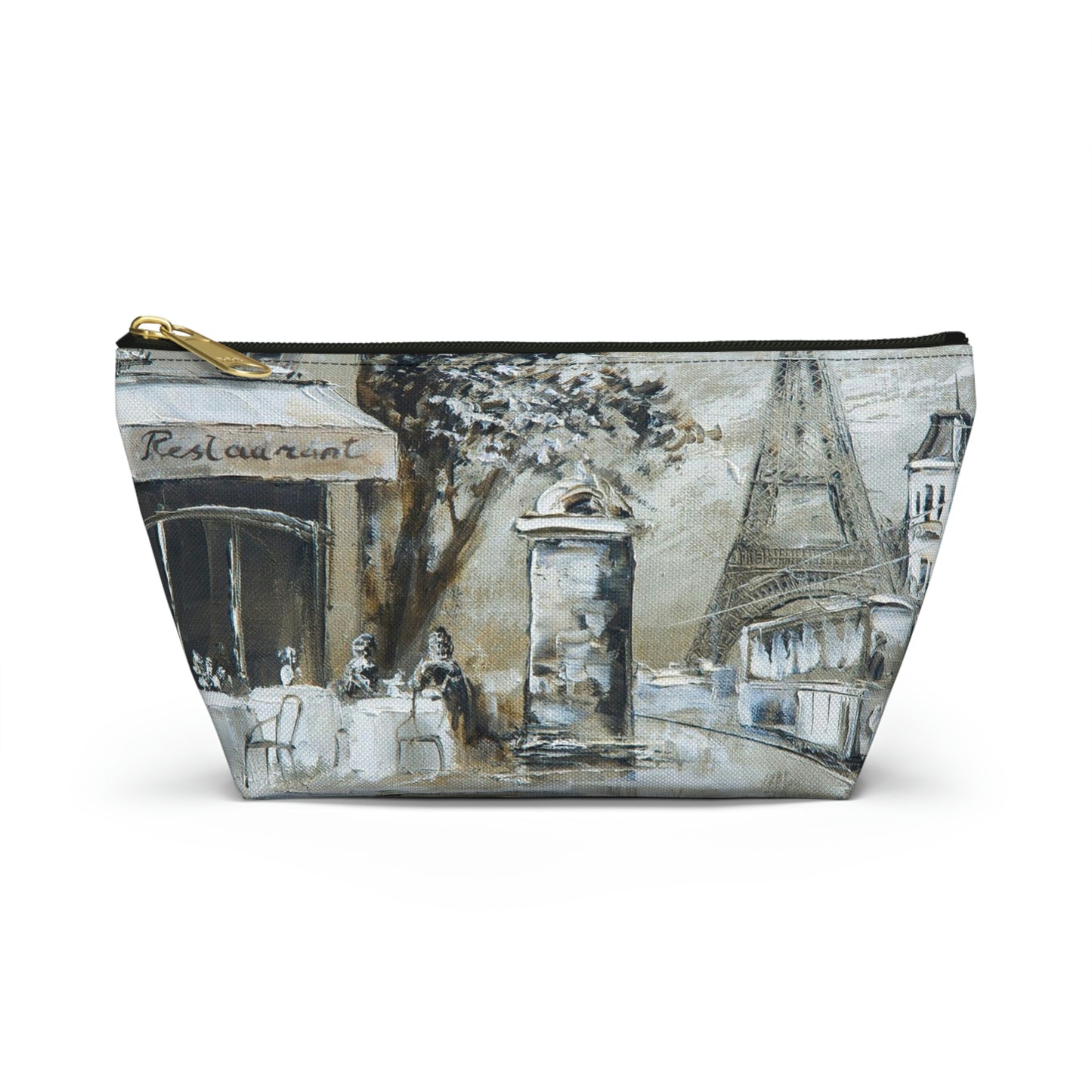 Eiffel Tower Cosmetic Pouch w T-bottom, Accessory Pouch - Cafe in Paris