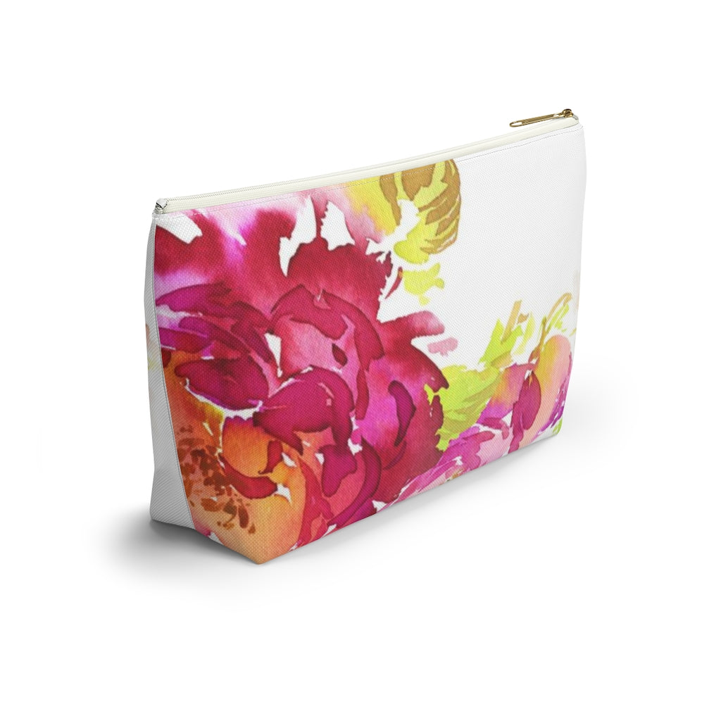 Bright Floral Cosmetic Pouch w T-bottom, Accessory Pouch, Pink