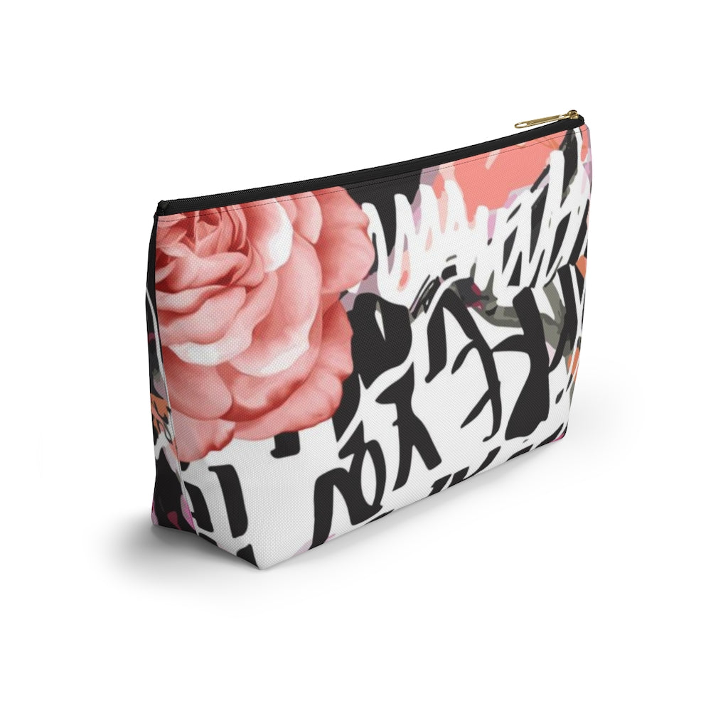 Abstract Rose Cosmetic Pouch w T-bottom, Accessory Pouch, Pink and Orange