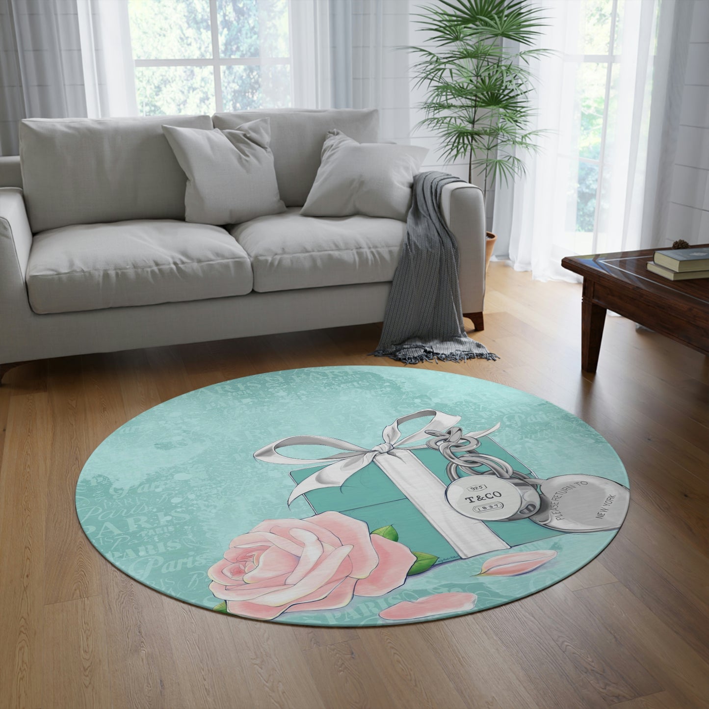 Personalized Little Blue Box and Rose Chenille Round Rug - 60 Inch Floor Mat - Custom and Personalized Rug - Breakfast at Tiffany Inspired