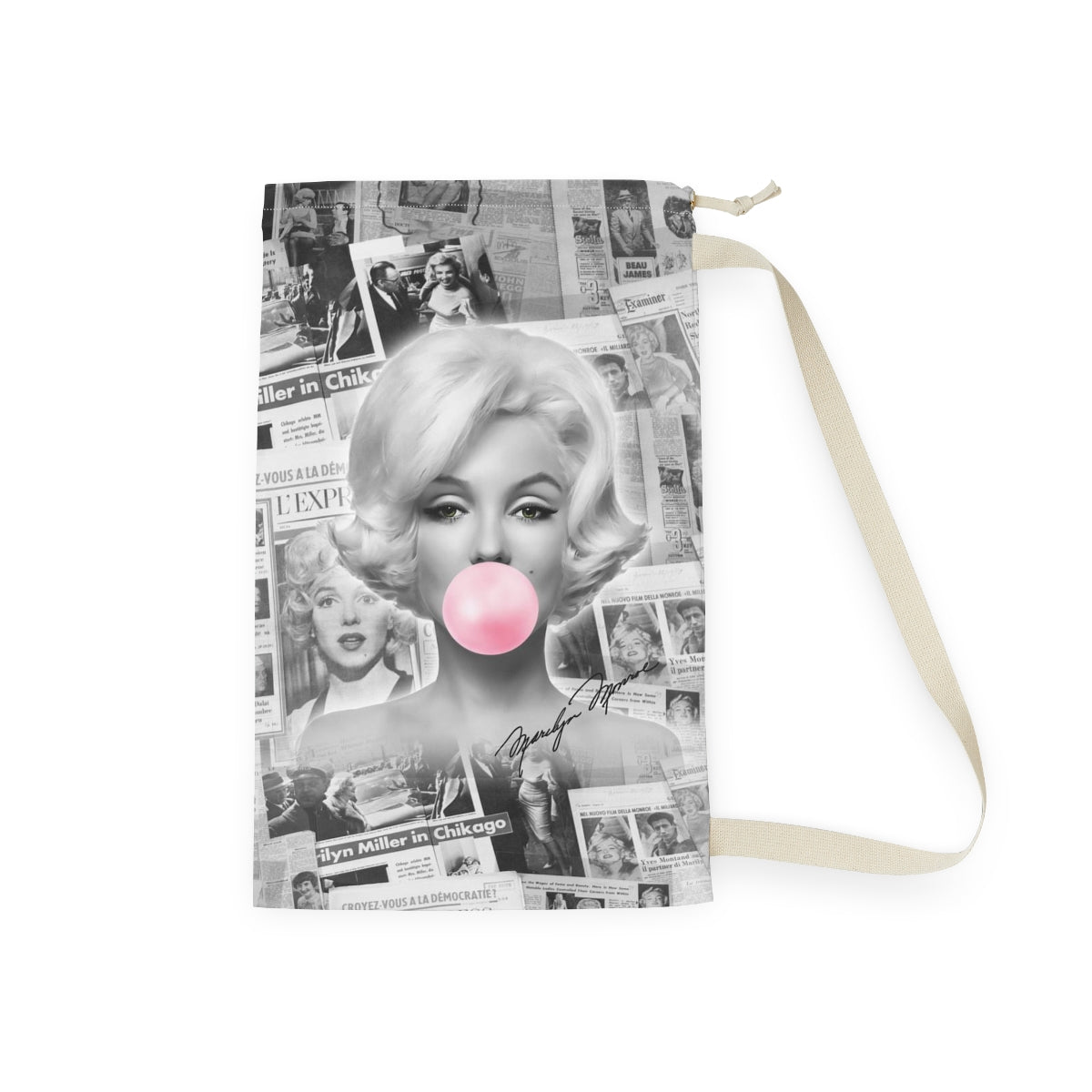 Marilyn Monroe Sack, Laundry Sack, Santa Sack, Dust Bag, Gift Sack - Marilyn Bubblegum Pink International News Bag