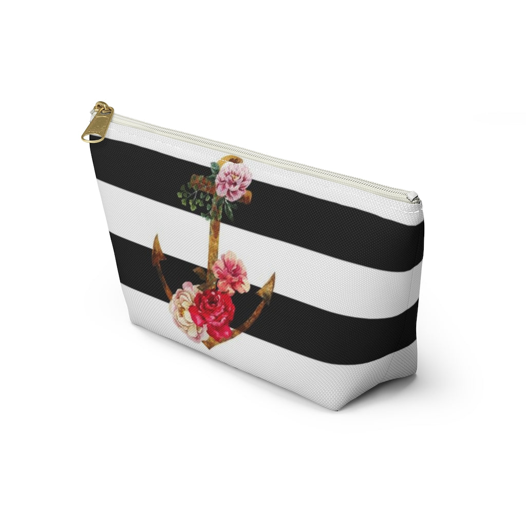 Nautical Cosmetic Pouch w T-bottom, Accessory Pouch, Anchor Flower Stripe