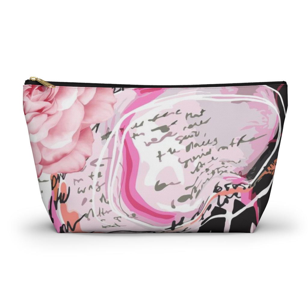 Abstract Rose Cosmetic Pouch w T-bottom, Accessory Pouch, Pink and Orange