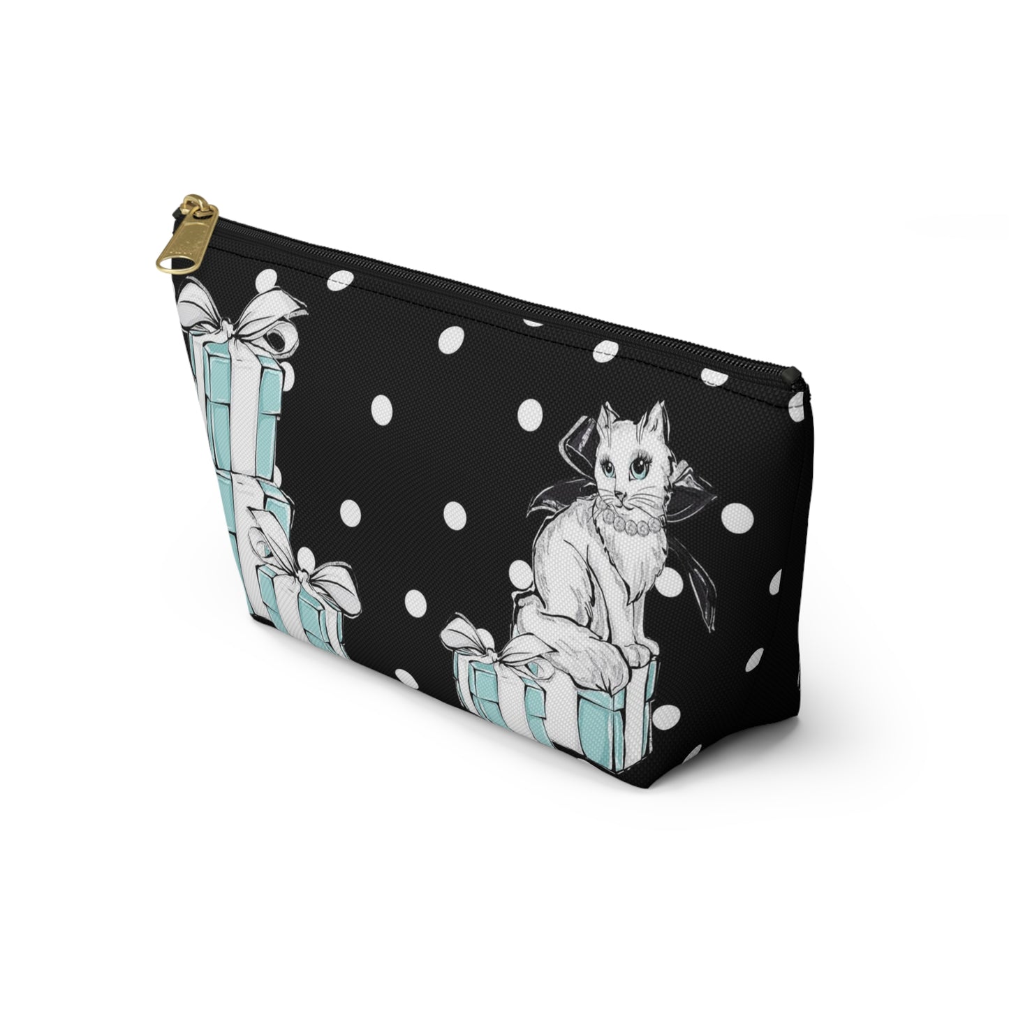 Personalized Kitty Cat Cosmetic Pouch w T-bottom, Accessory Pouch, Cats Polka Dot Breakfast at Tiffany - Black