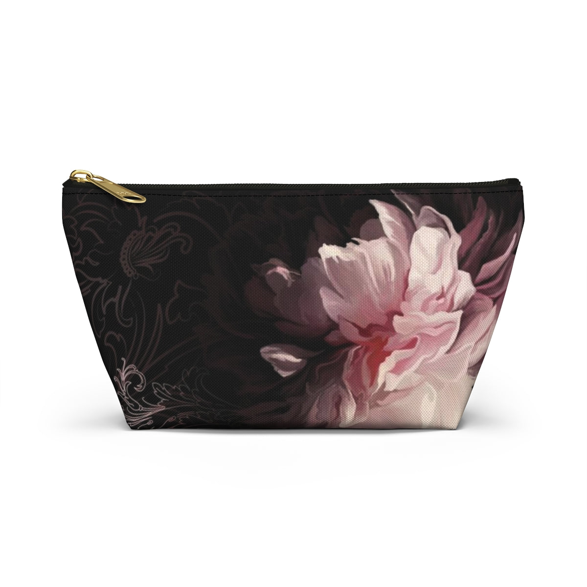 Peony Cosmetic Pouch w T-bottom, Accessory Pouch, Pink Scroll