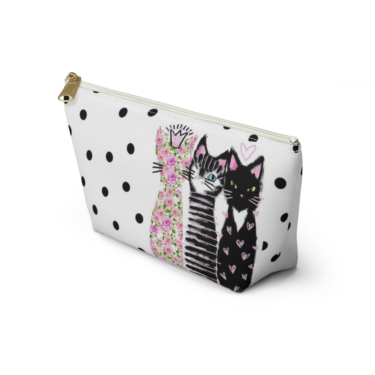 Personalized Kitty Cat Lover Cosmetic Pouch w T-bottom, Accessory Pouch, Cats Polka Dot