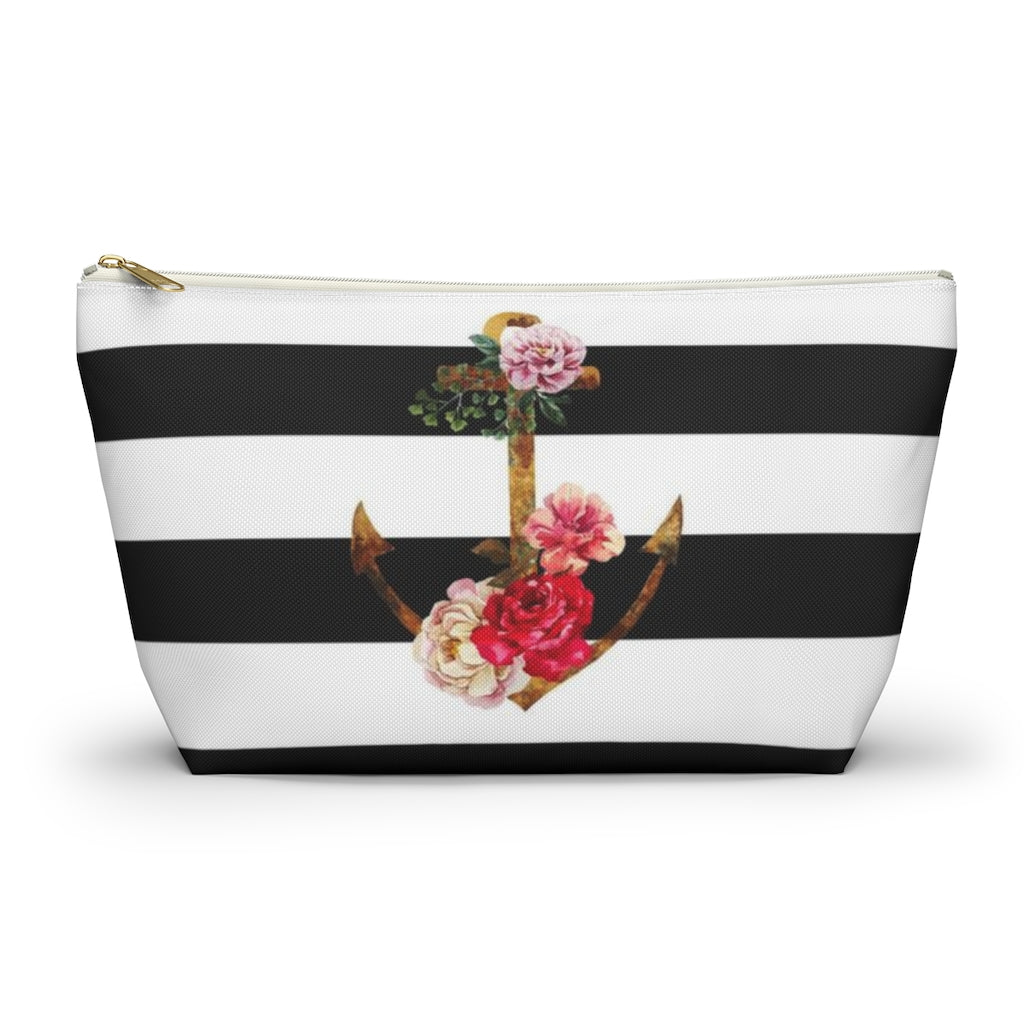 Nautical Cosmetic Pouch w T-bottom, Accessory Pouch, Anchor Flower Stripe