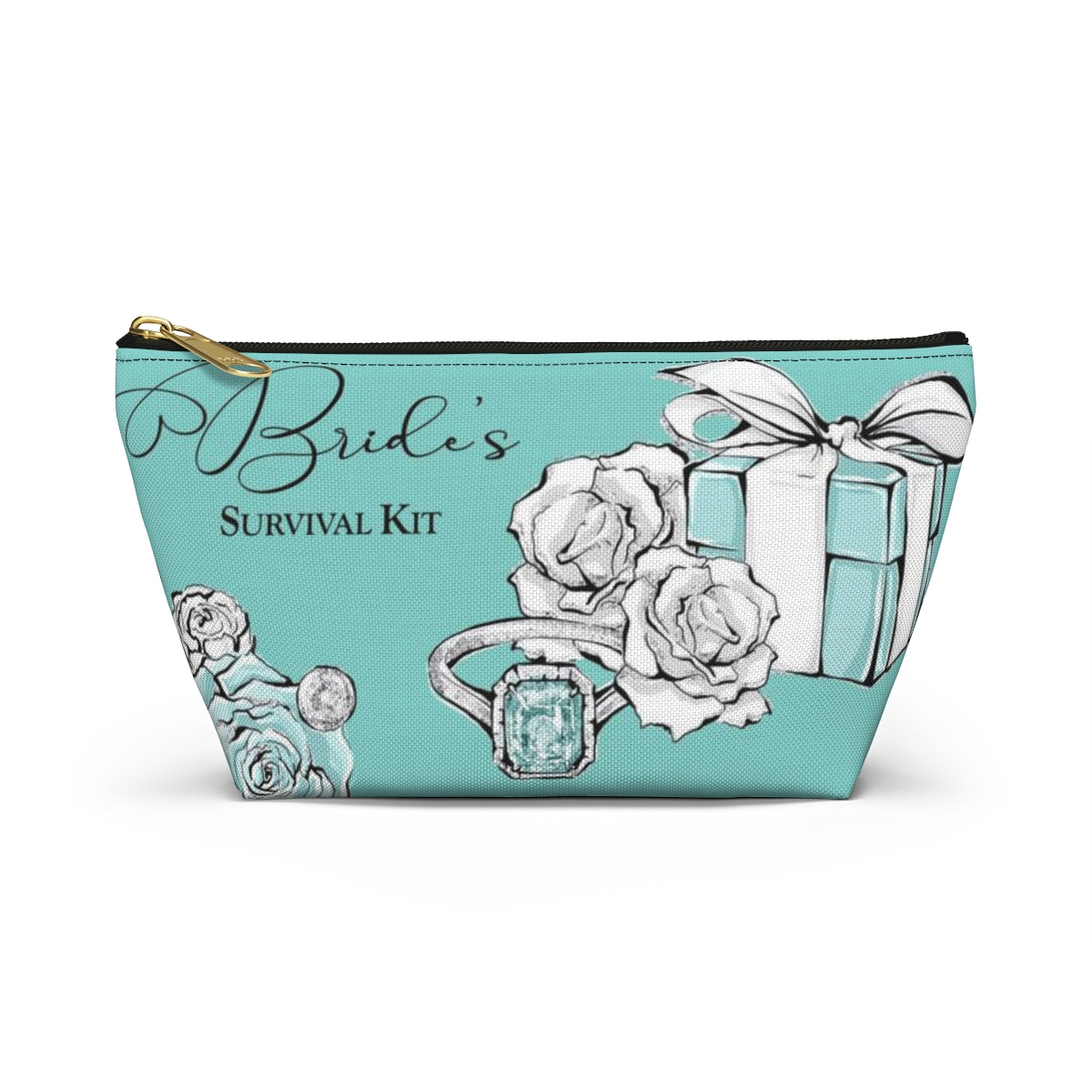 Brides Survival Kit Cosmetic Pouch w T-bottom, Accessory Pouch, Blue Green