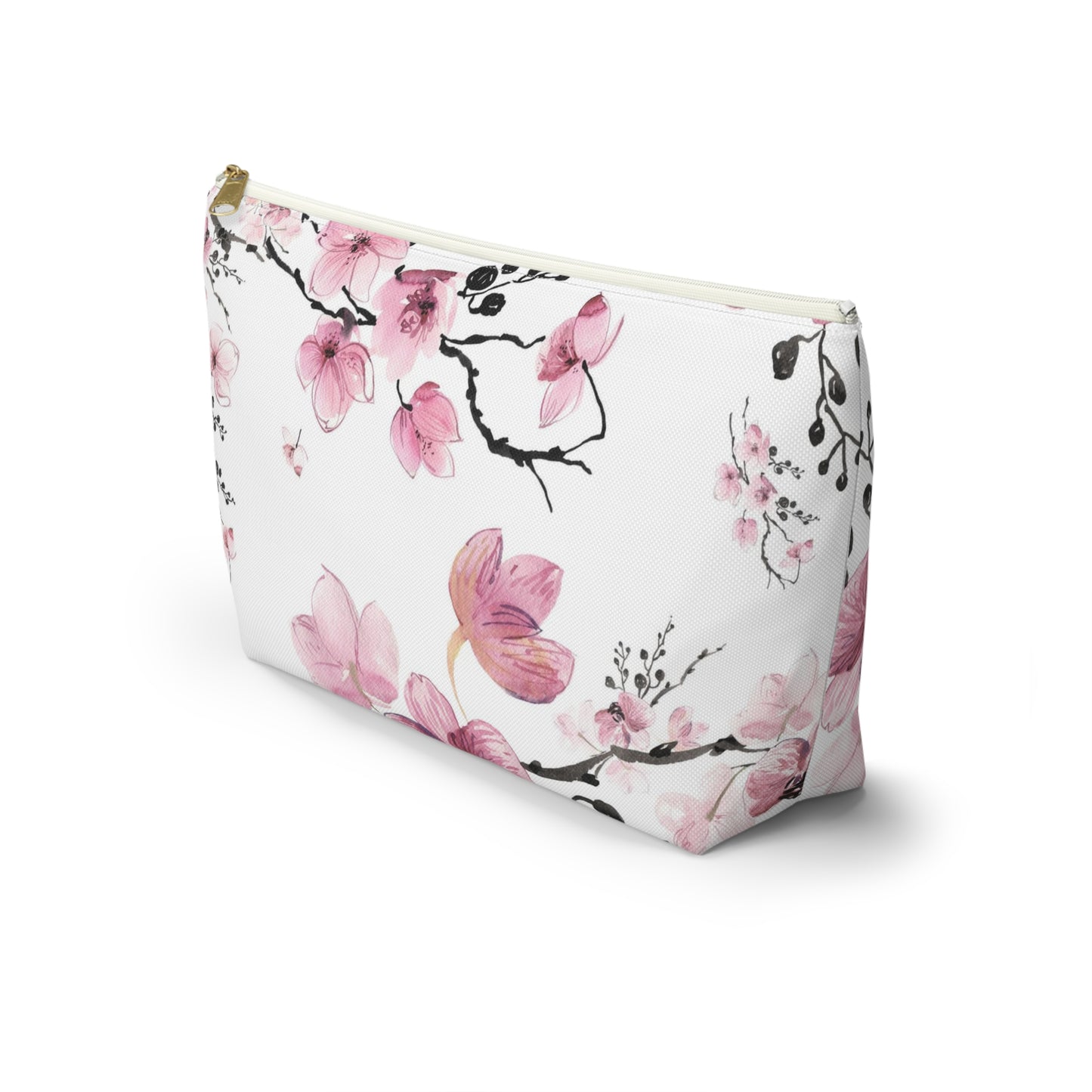 Sakura Cosmetic Pouch w T-bottom, Accessory Pouch - Pink Watercolor Cherry Blossom Makeup Bag