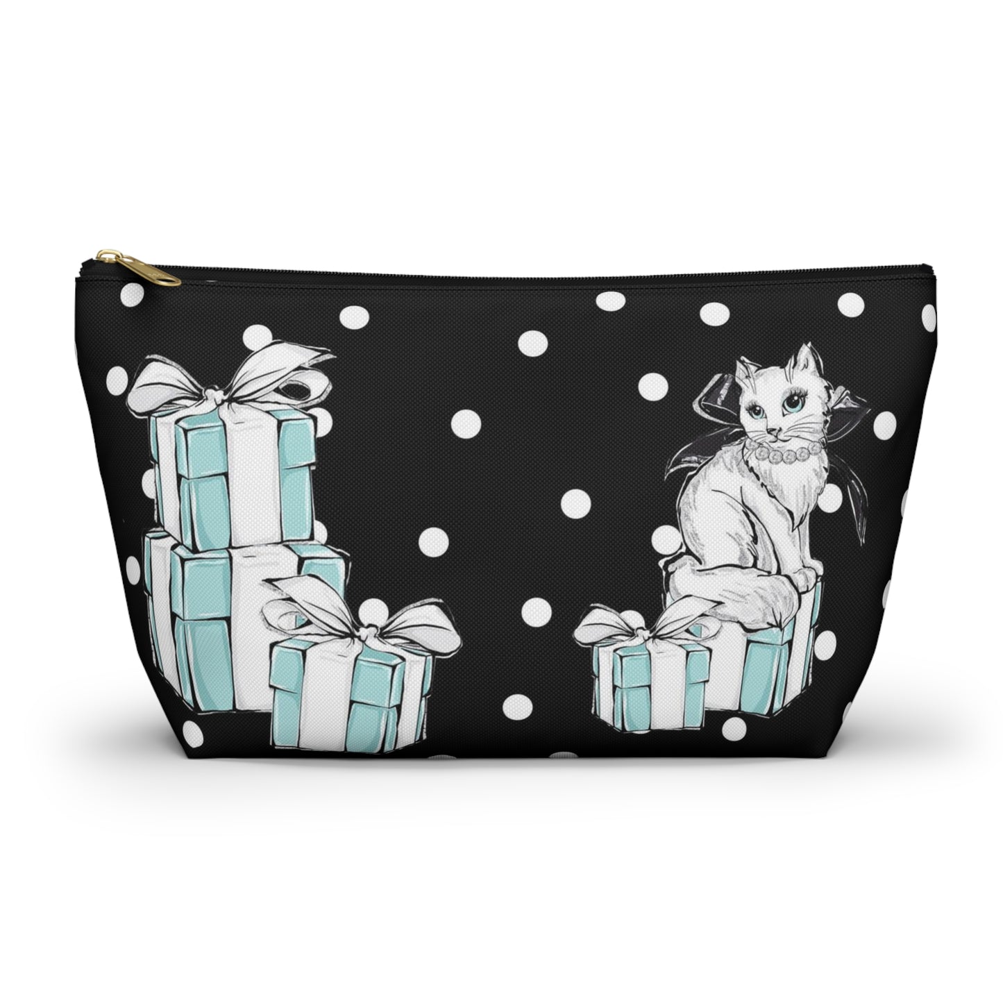 Personalized Kitty Cat Cosmetic Pouch w T-bottom, Accessory Pouch, Cats Polka Dot Breakfast at Tiffany - Black