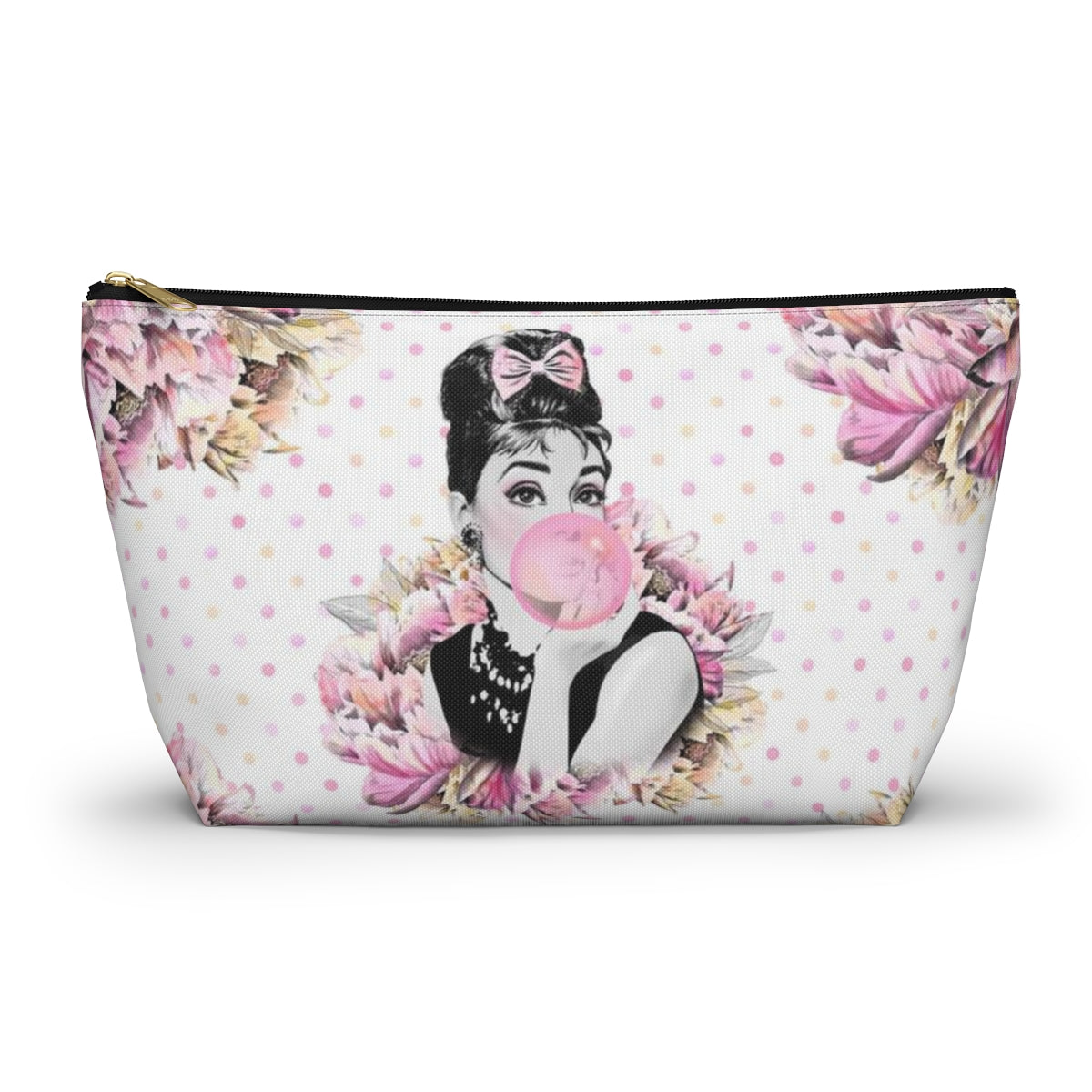 Audrey Hepburn Bubblegum Cosmetic Pouch w T-bottom, Accessory Pouch, Pink Polka Dot