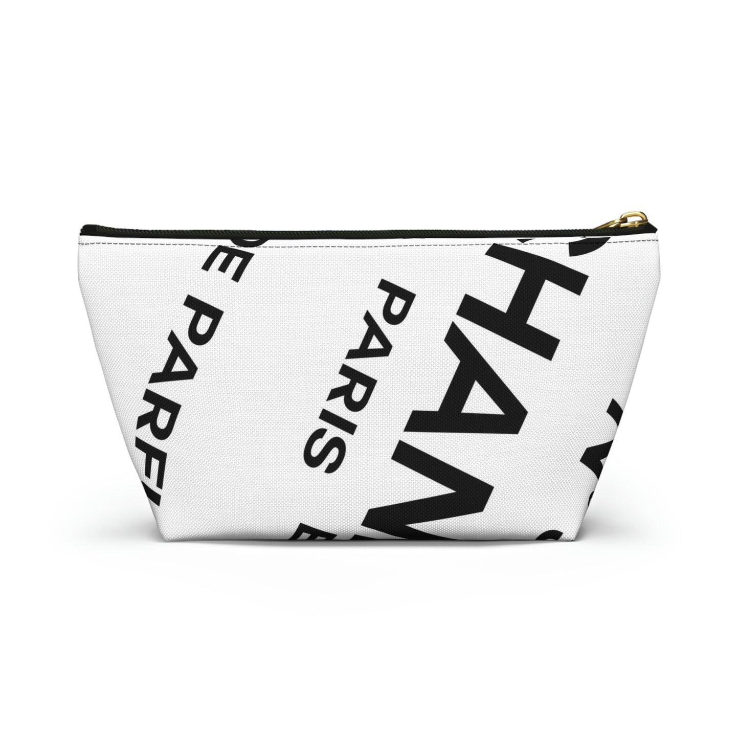 Perfume Label Cosmetic Pouch w T-bottom, Black on White Accessory Pouch - Custom Designer Paris Makeup Bag