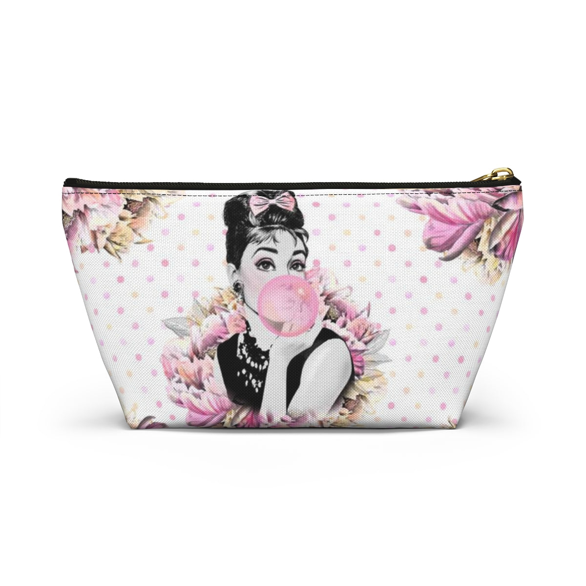 Audrey Hepburn Bubblegum Cosmetic Pouch w T-bottom, Accessory Pouch, Pink Polka Dot