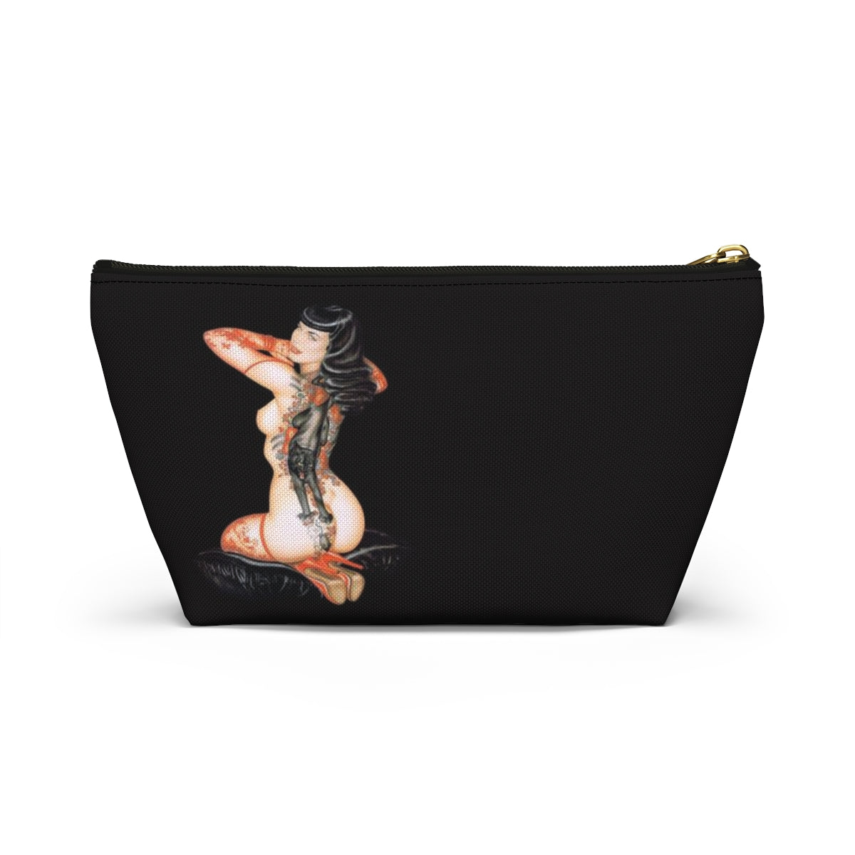 Pinup Girl Cosmetic Pouch w T-bottom, Accessory Pouch - Femme Forever Black Cat Tattoo Pinup Girl