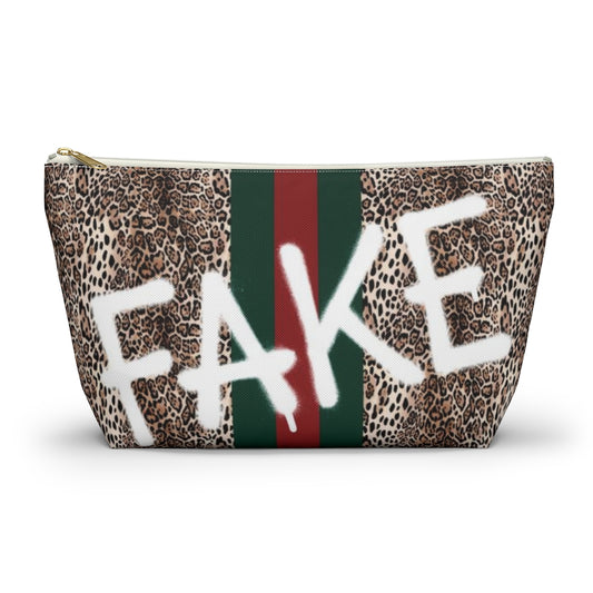 FAKE Fashion Cosmetic Pouch w T-bottom, Accessory Pouch, Leopard Red Green Stripe