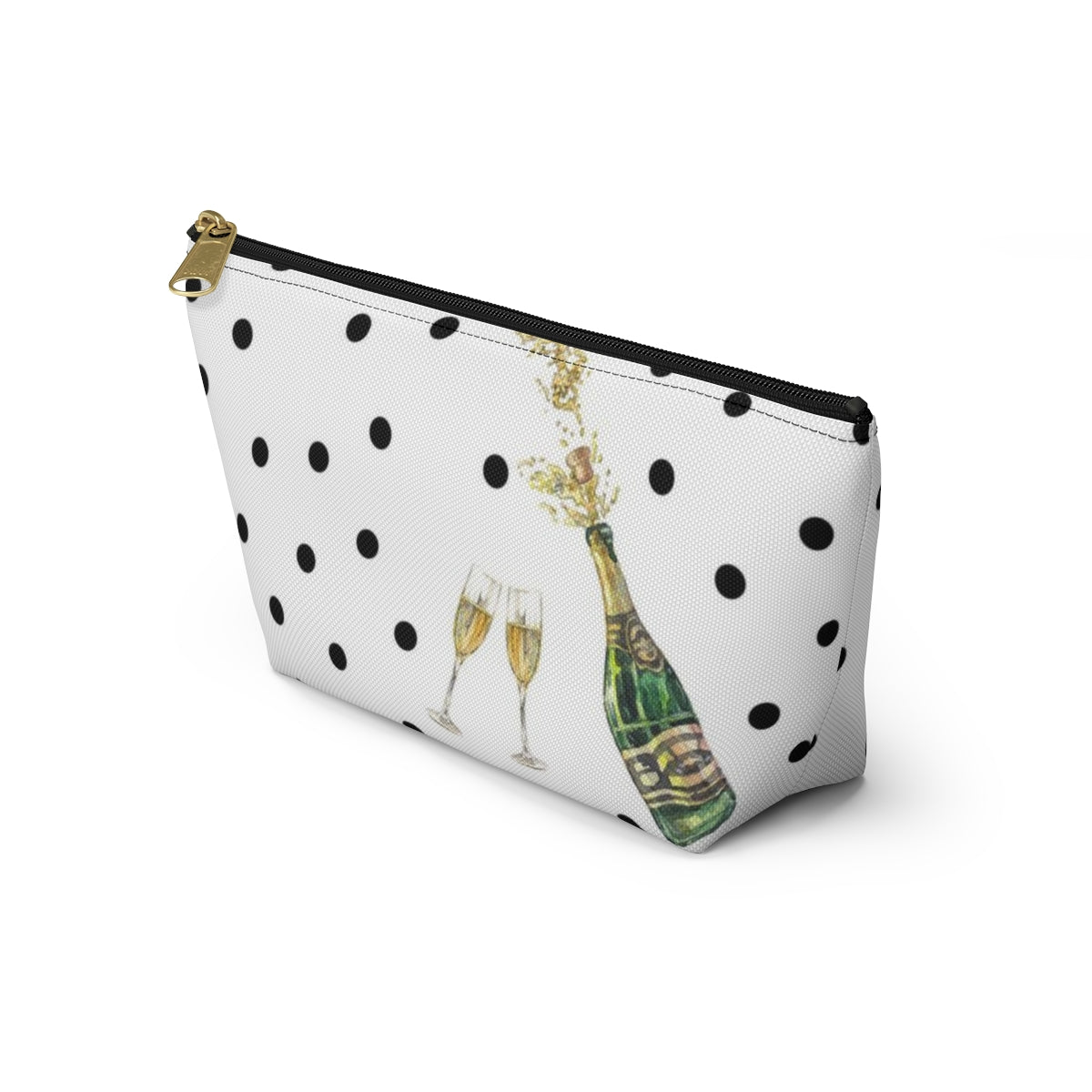 Personalized Champaign Cosmetic Pouch w T-bottom, Accessory Pouch, Celebration Polka Dot