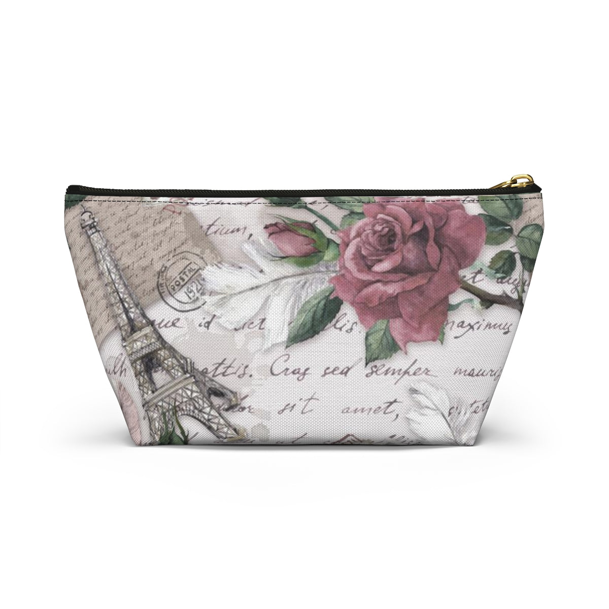 Eiffel Tower Cosmetic Pouch w T-bottom, Accessory Pouch - Pink Rose Love Letters from Paris