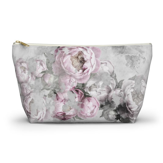 Peony Cosmetic Pouch w T-bottom, Accessory Pouch, Antiqued Pink and Grey