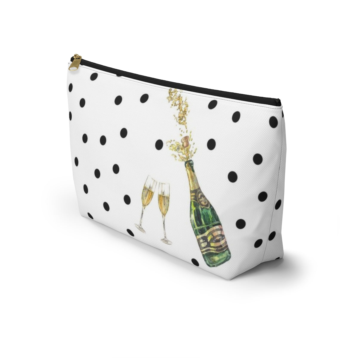 Personalized Champaign Cosmetic Pouch w T-bottom, Accessory Pouch, Celebration Polka Dot