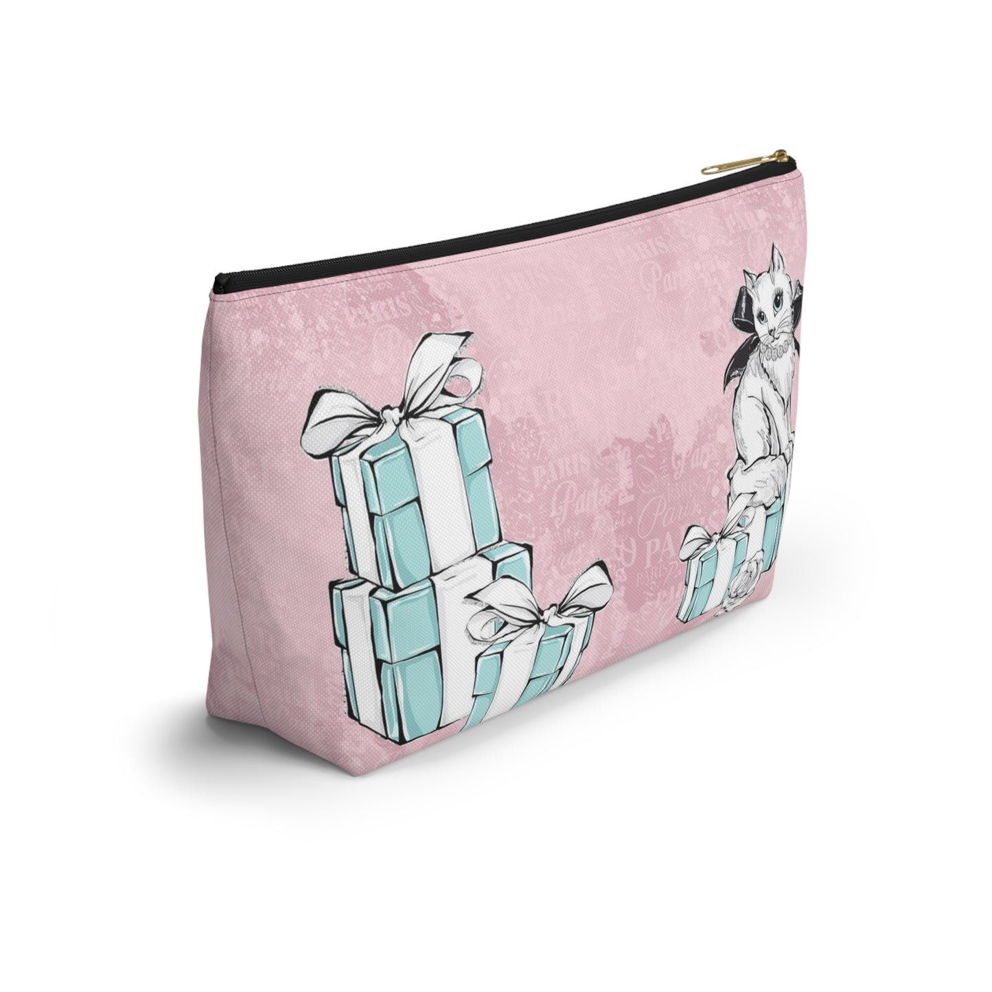 Personalized Kitty Cat Cosmetic Pouch w T-bottom, Accessory Pouch, Cat Lovers Little Blue Gift Box - Paris Pink