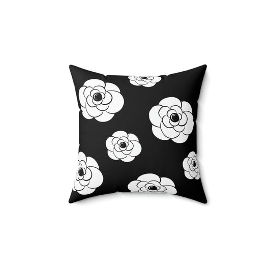 White Camillia Flower Pillow - Custom Designer Logo Throw Pillow - Black Noir Rose Decorative Pillow