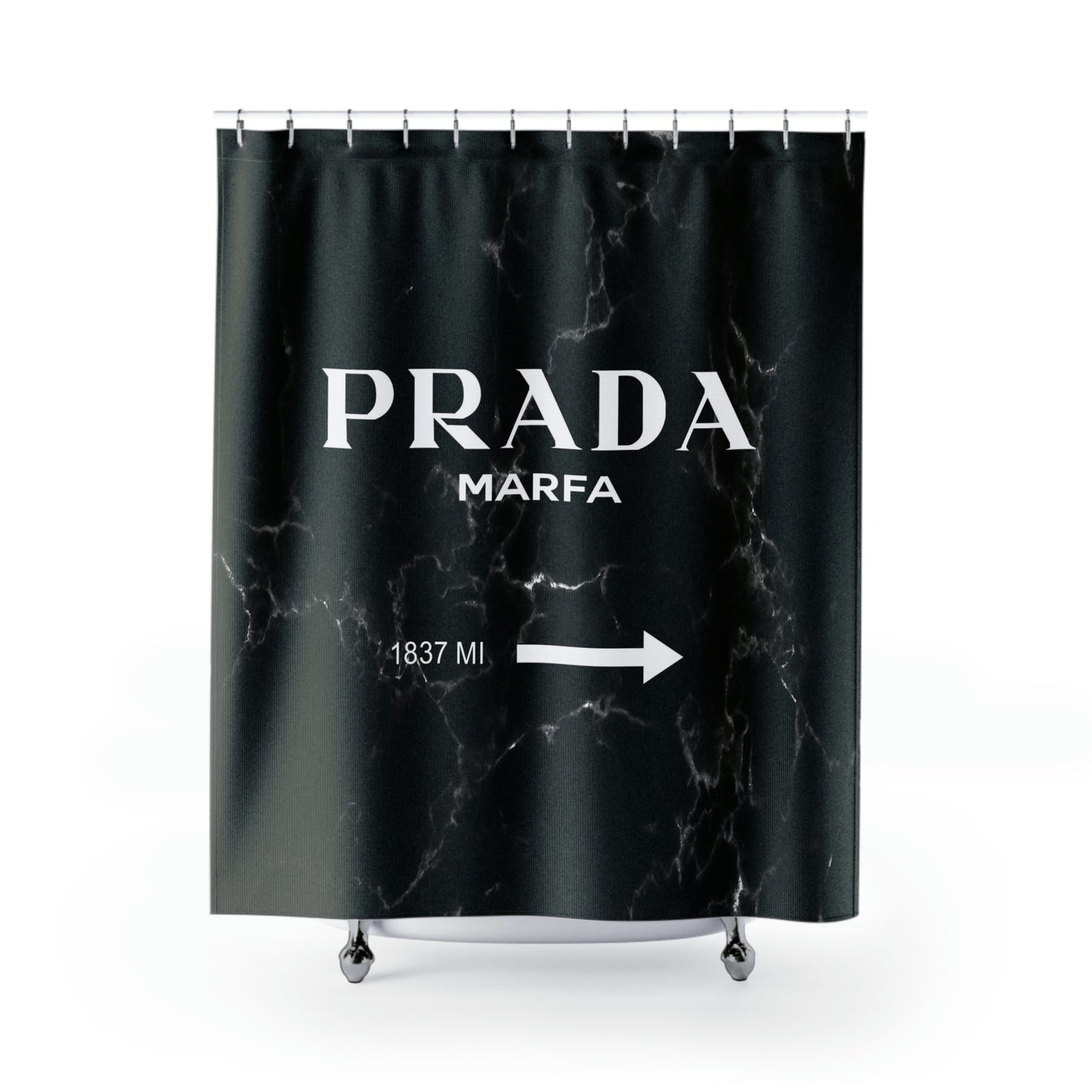 1837 MILES to MARFA Black White Marble Shower Curtain - Designer Shower Curtain - Marfa Texas Fashion Art Installation Sign