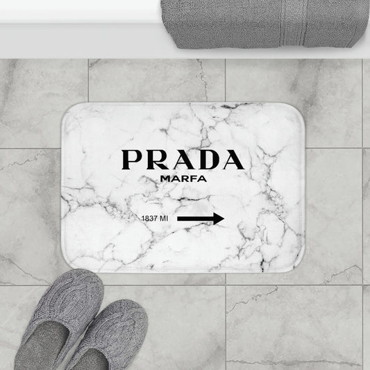 1837 MILES to MARFA White Marble Bath Mat - Fashion Inspired Floor Mat - Marfa Texas Fashion Art Installation Sign