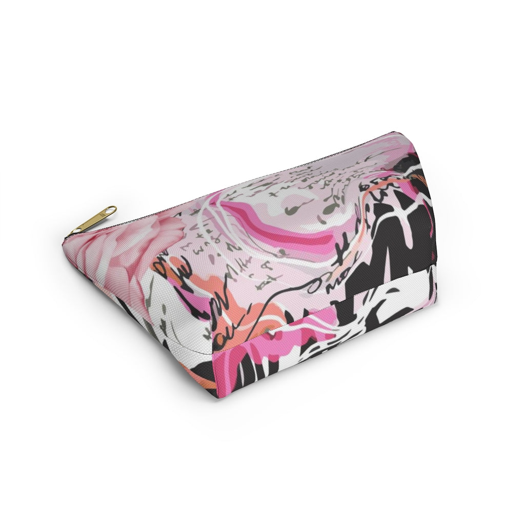 Abstract Rose Cosmetic Pouch w T-bottom, Accessory Pouch, Pink and Orange