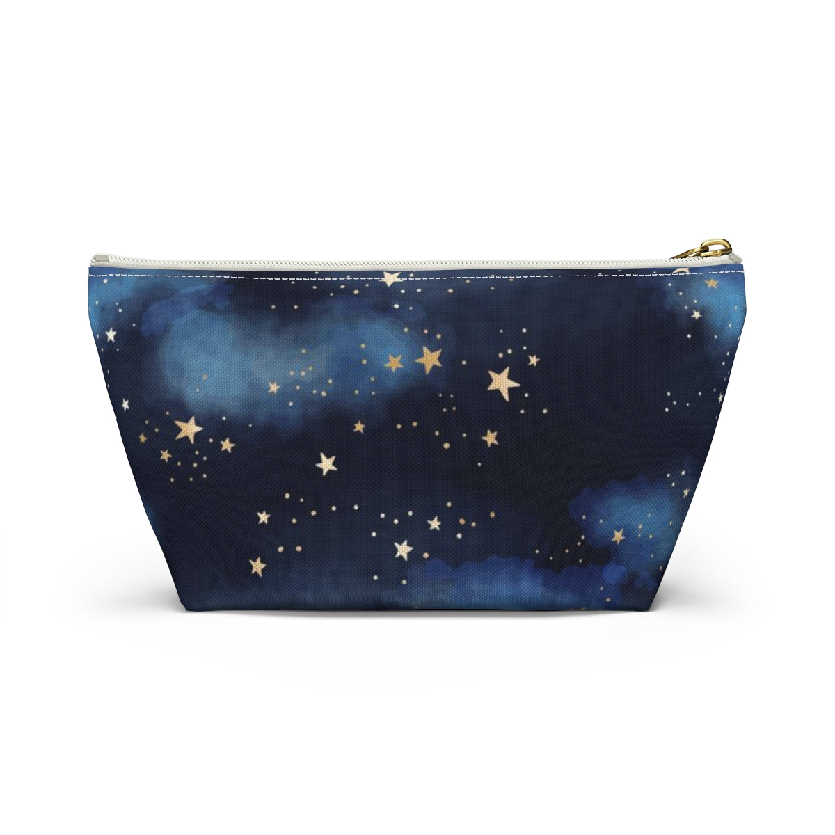 Personalized Starry Night Cosmetic Pouch w T-bottom, Accessory Pouch - Midnight Blue Clouds Gold Stars