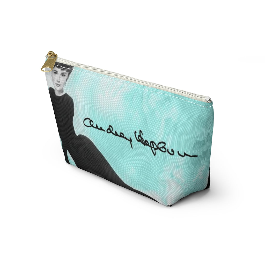 Audrey Hepburn Signature Cosmetic Pouch w T-bottom, Accessory Pouch, Blue Green