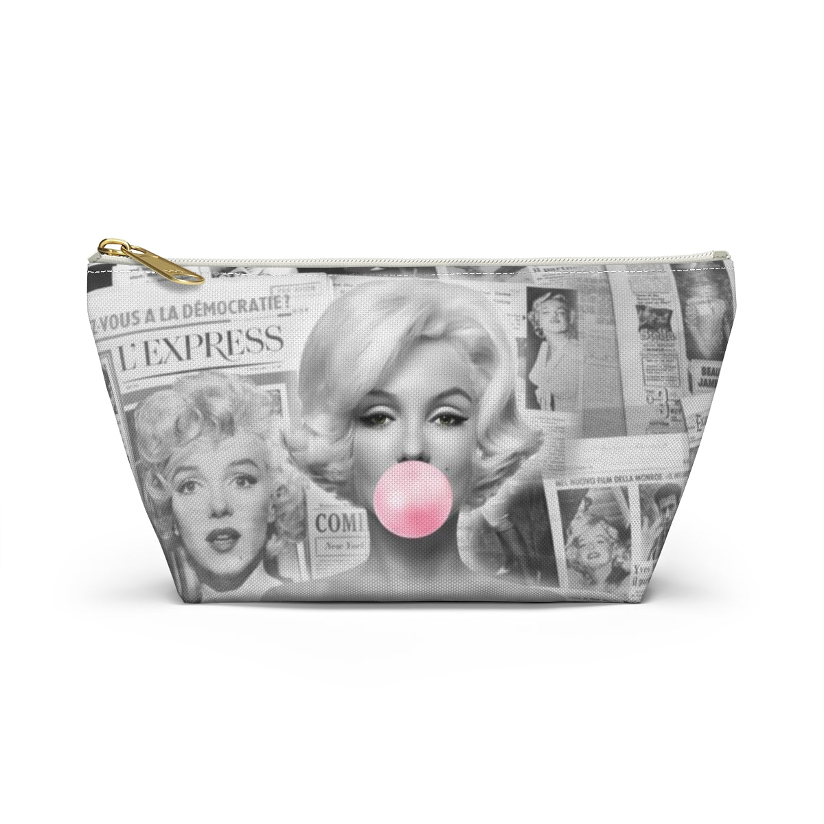 Marilyn Monroe Cosmetic Pouch w T-bottom, Accessory Pouch - Marilyn Bubblegum Pink International News Makeup Bag