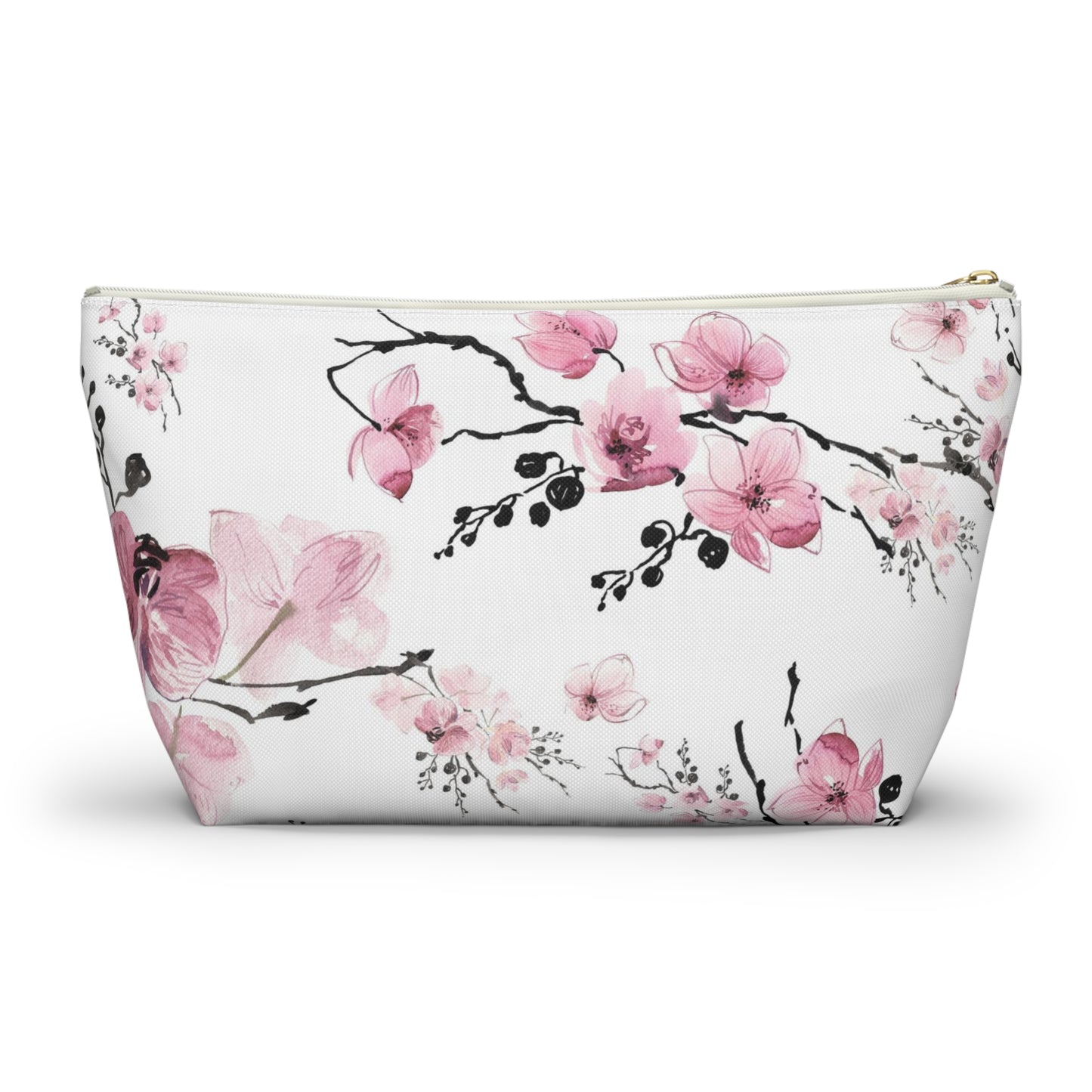 Sakura Cosmetic Pouch w T-bottom, Accessory Pouch - Pink Watercolor Cherry Blossom Makeup Bag