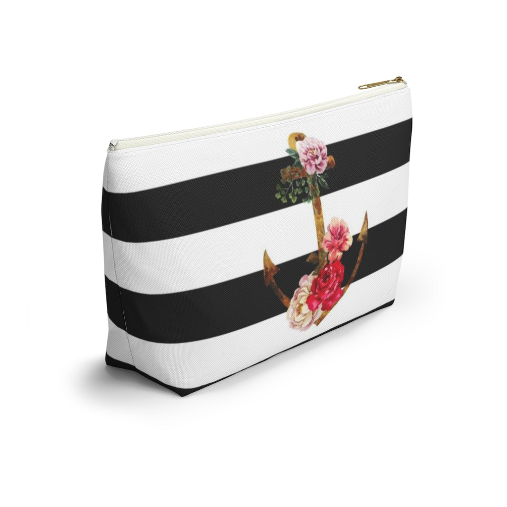 Nautical Cosmetic Pouch w T-bottom, Accessory Pouch, Anchor Flower Stripe