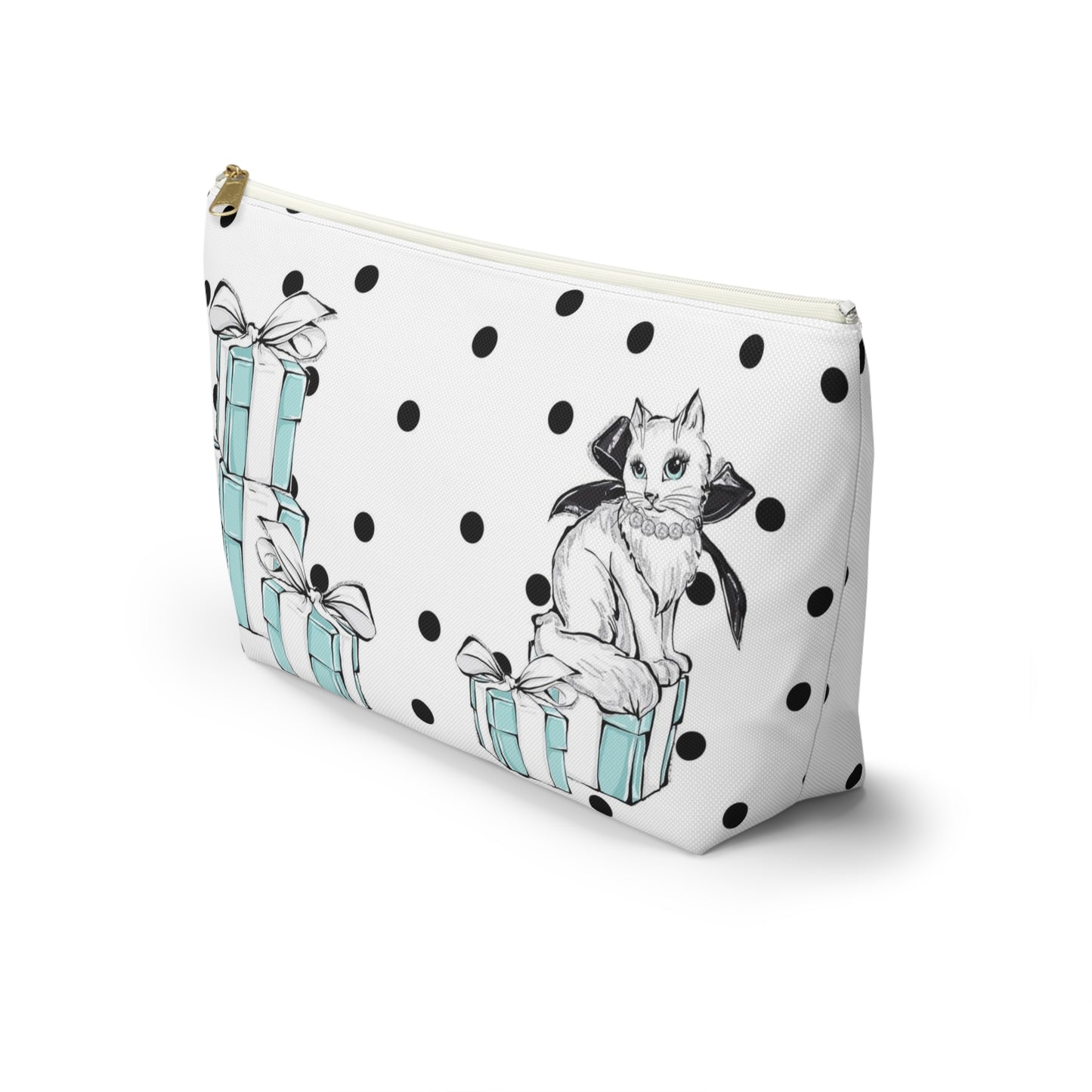 Personalized Kitty Cat Cosmetic Pouch w T-bottom, Accessory Pouch, Cats Polka Dot Breakfast at Tiffany