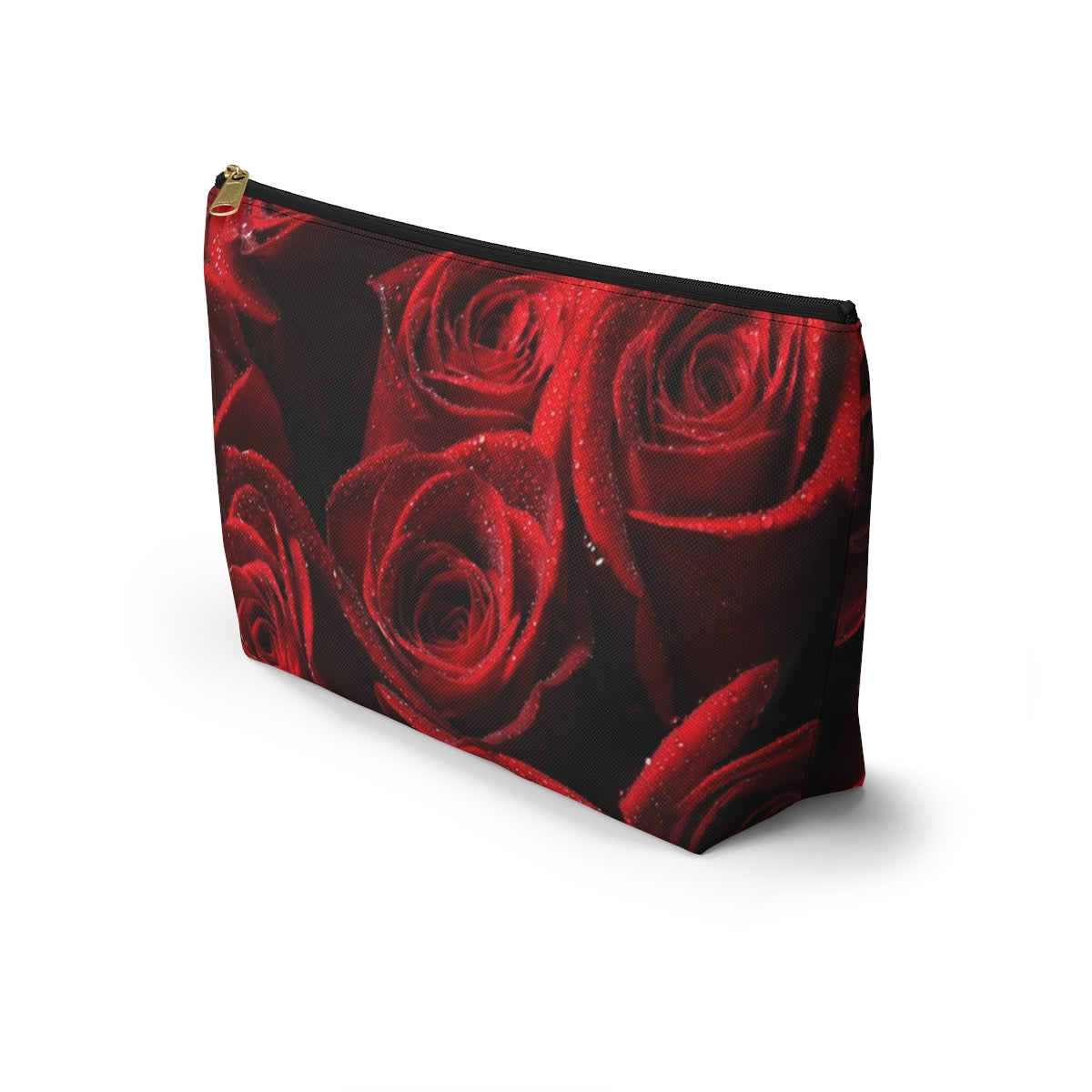 Personalized Rose Cosmetic Pouch w T-bottom, Accessory Pouch - Red Rose and Leopard