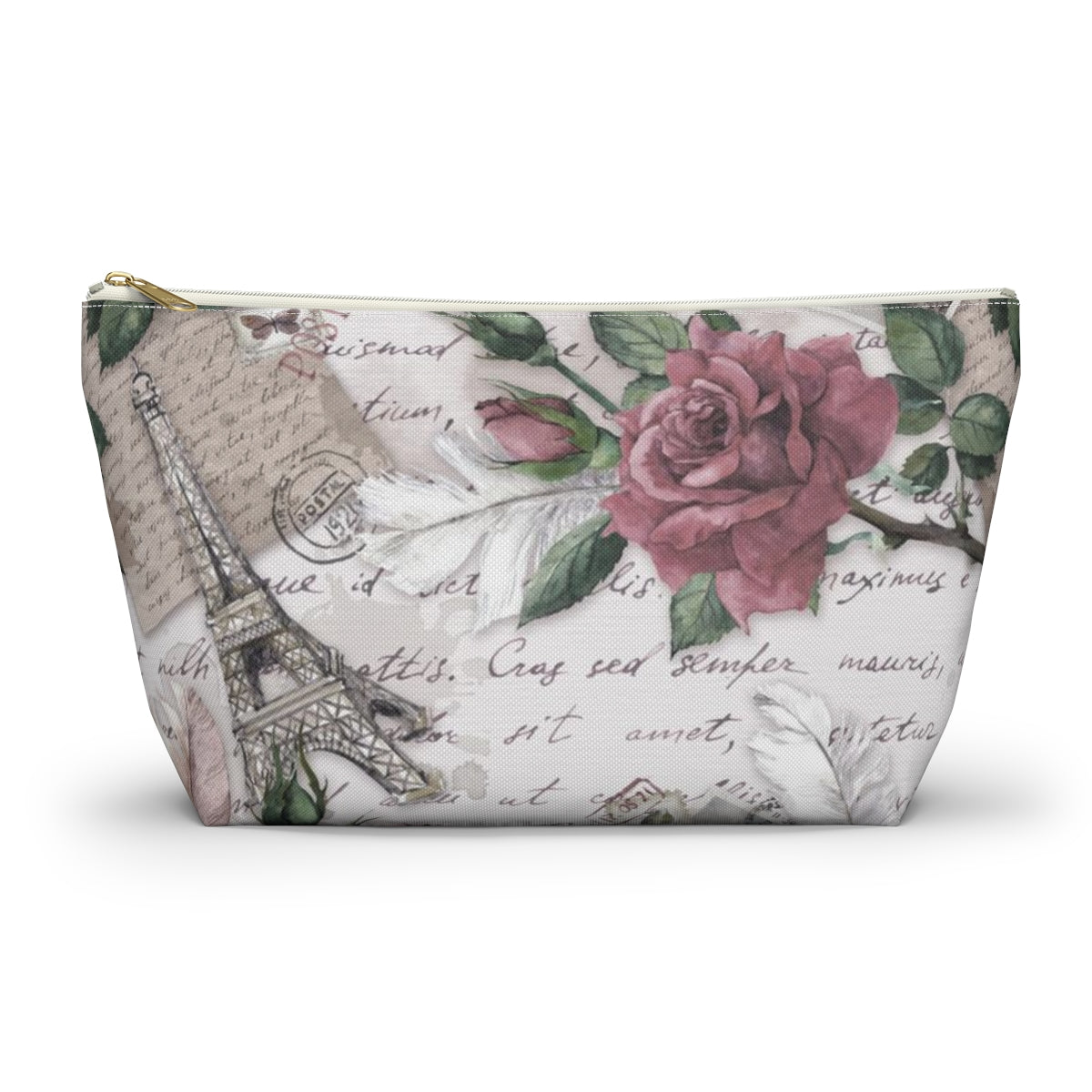 Eiffel Tower Cosmetic Pouch w T-bottom, Accessory Pouch - Pink Rose Love Letters from Paris