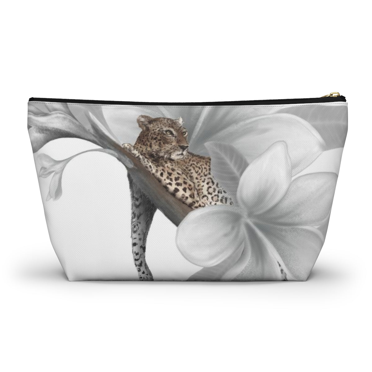 Leopard Cosmetic Pouch w T-bottom, Accessory Pouch - Leopard White Plumeria