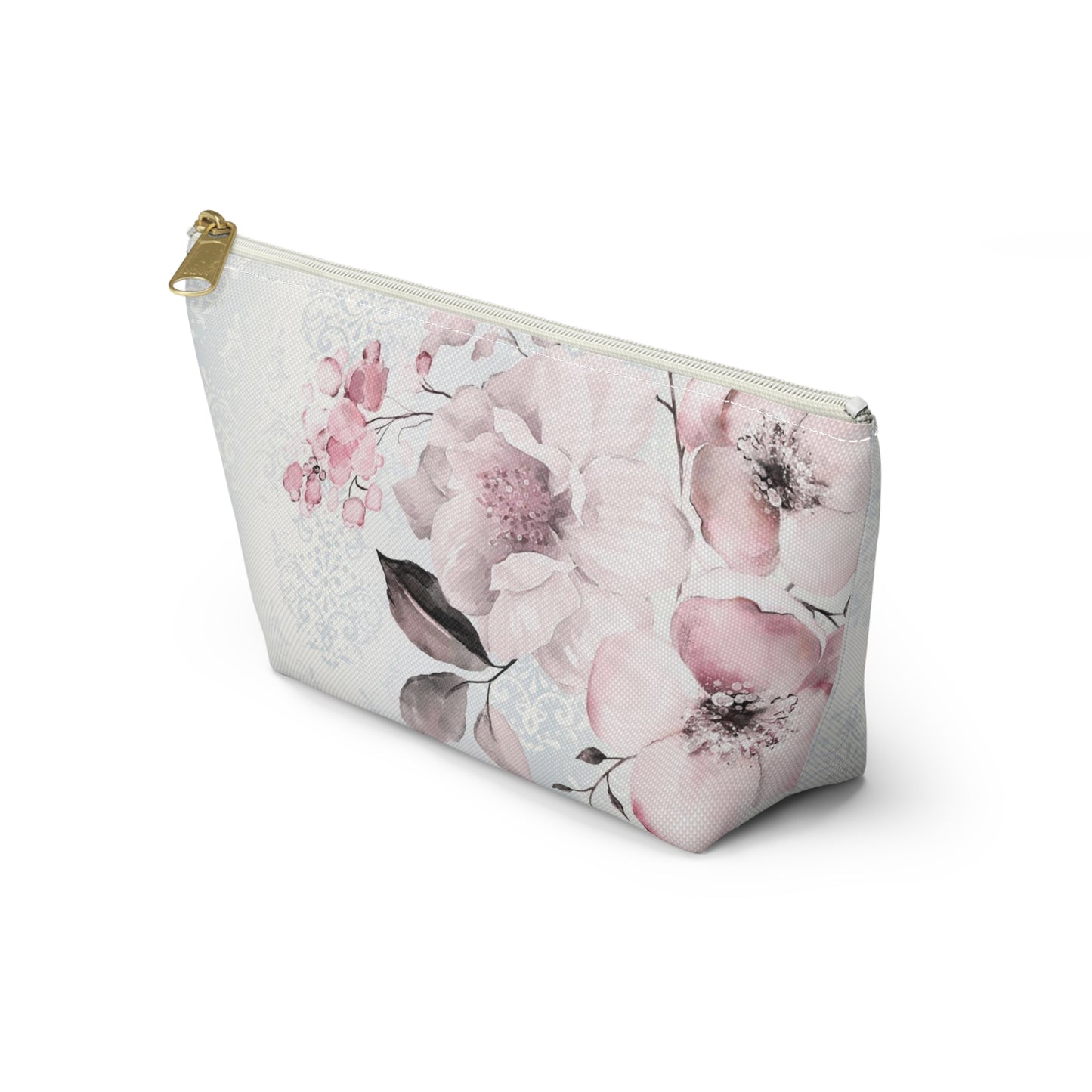 Personalized Pink Flower Damask - Cosmetic Pouch w T-bottom, Accessory Pouch