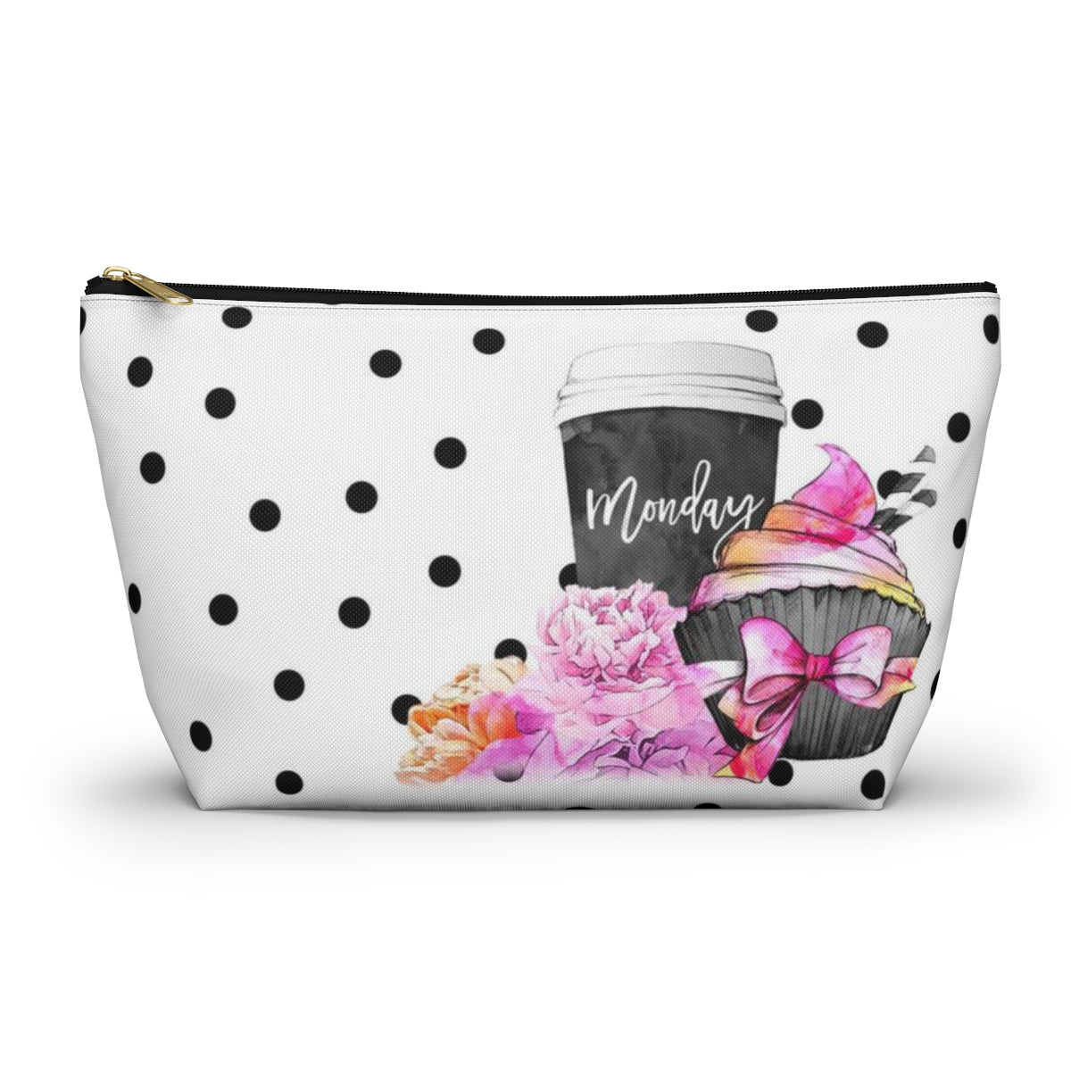 Personalized Coffee Monday Cosmetic Pouch w T-bottom, Accessory Pouch, Pink Cupcake Polka Dot